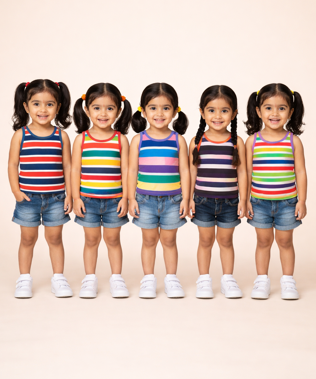 Cotton Stripes Kids Girls Sleeveless T-shirt (Pack of 5)