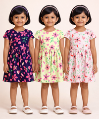 Girl Kids Frock 100% Cotton Floral Printed Gown Dress/Frock Dress | Age 1 to 8 Years (Pack of 3 Pieces)