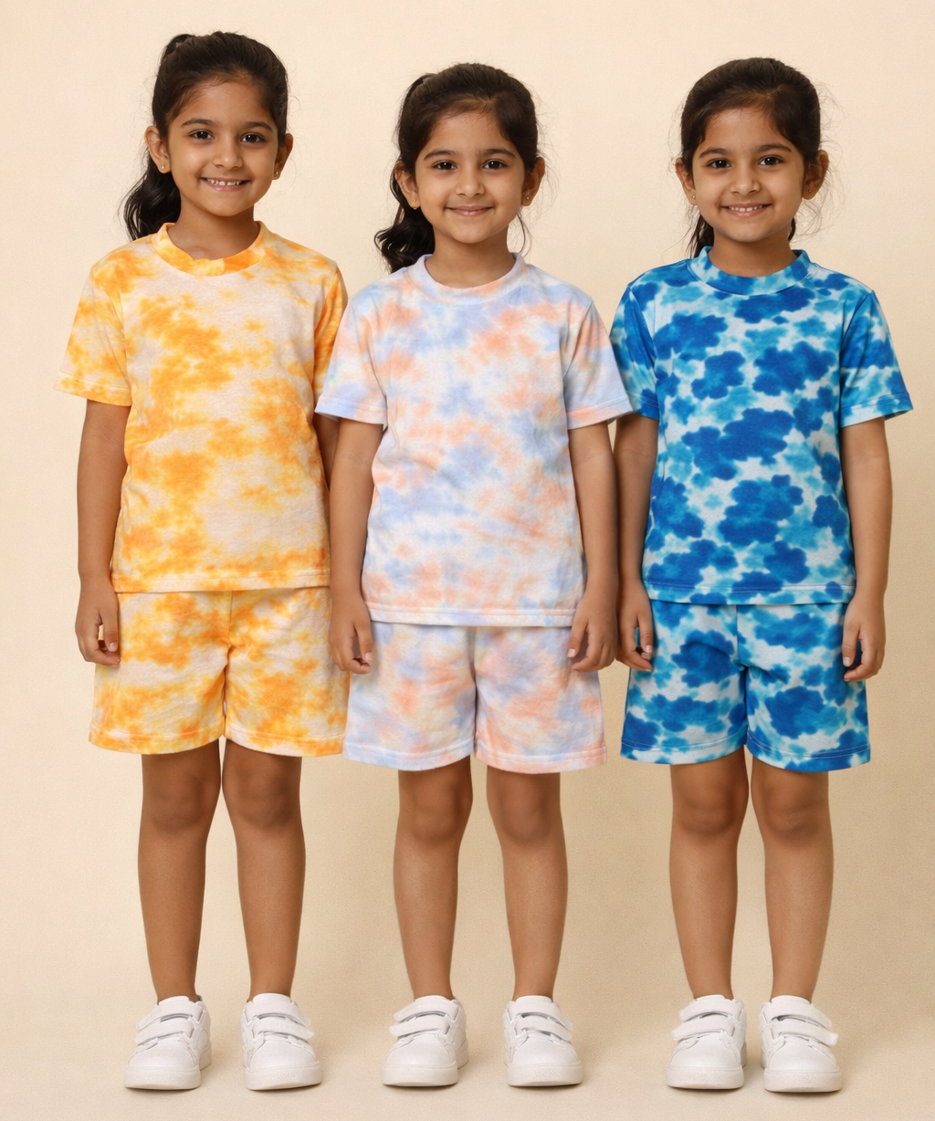 Kids Girls Tie-Dye Cloud Print Cotton T-Shirt & Shorts Co-ord Set | Pack of 3 Pieces | Age 1–4 Years
