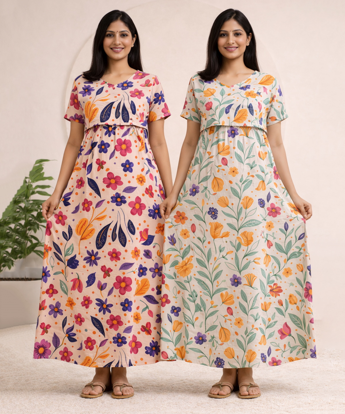 Maternity Feeding Maxi Dress | Nursing Friendly Nighty Style (Pack of 2 Pieces)