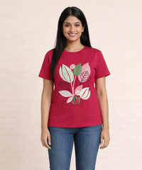 Premium Woman Half Sleeve T-Shirt / Round Neck Printed T-Shirt / Rose Color