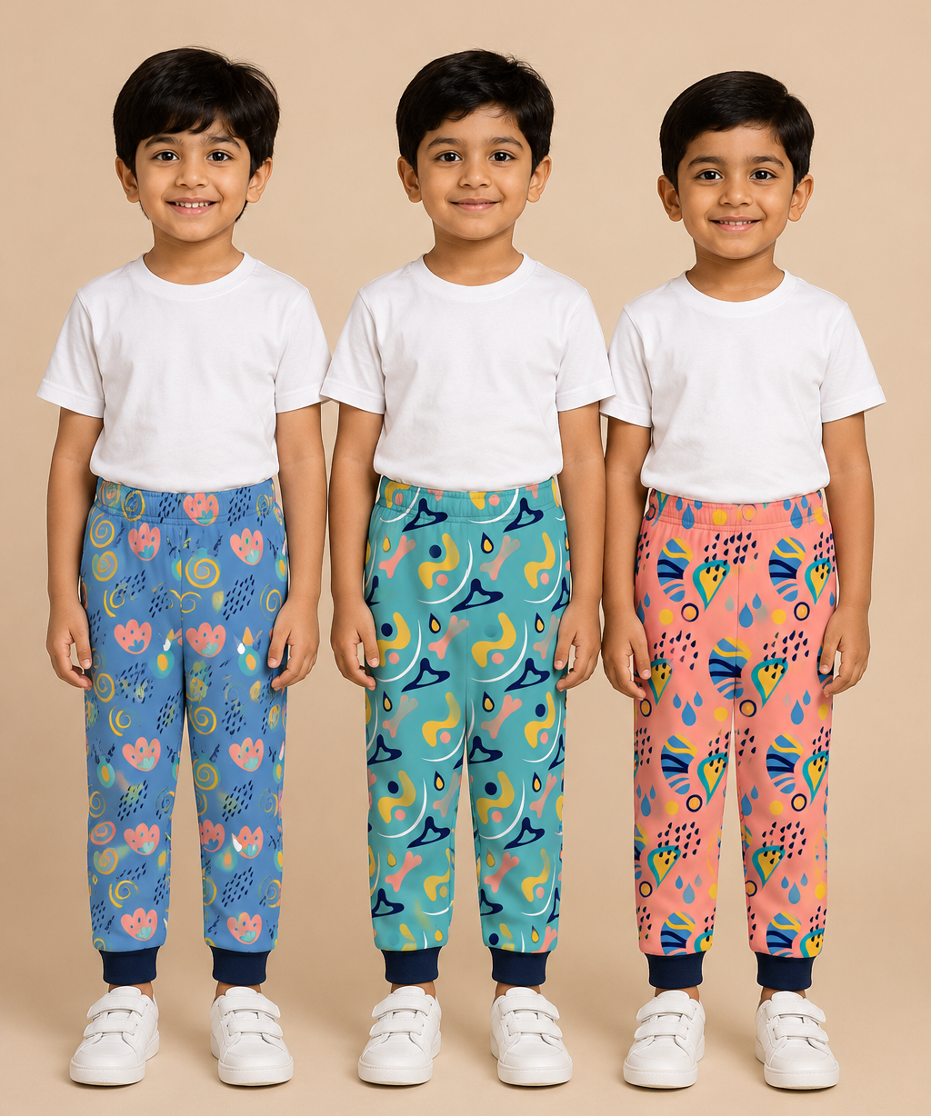 Kids Printed Cotton Track Pants for Boys | Soft Elastic Waist Full Length Joggers | Age 6 Months-5 Years | Pack of 3 Pieces