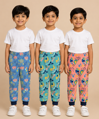 Kids Printed Cotton Track Pants for Boys | Soft Elastic Waist Full Length Joggers | Age 6 Months-5 Years | Pack of 3 Pieces