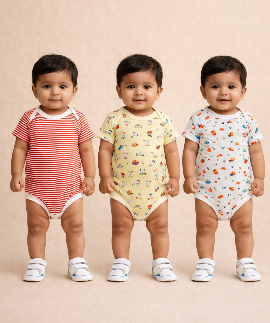 Boy & Girl Baby Half Sleeve Bodysuit | 100% Pure Cotton | Age 0-12 Months (Pack of 3 Combo)
