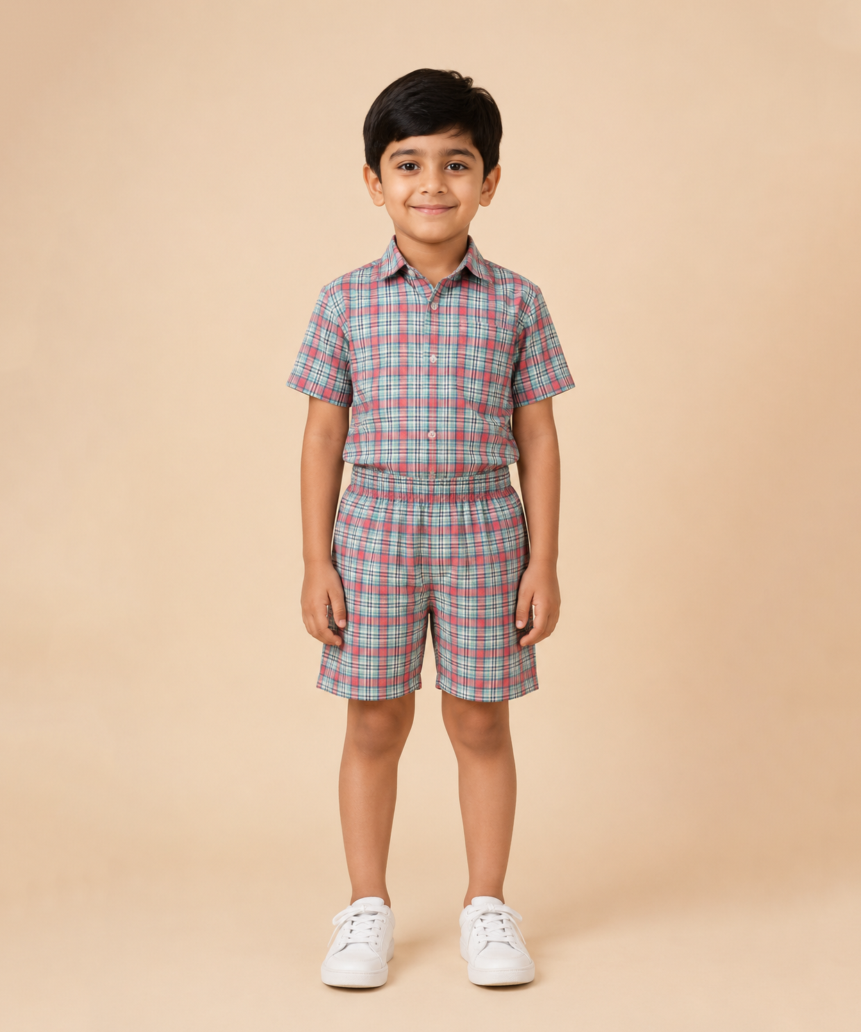 Polyester Checked Shirt and Shorts Set for Boy Kids Casual Wear Half Sleeve Co-Ord Set with Elastic Waist Shorts | Age 6 to 7 Years