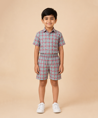 Polyester Checked Shirt and Shorts Set for Boy Kids Casual Wear Half Sleeve Co-Ord Set with Elastic Waist Shorts | Age 6 to 7 Years