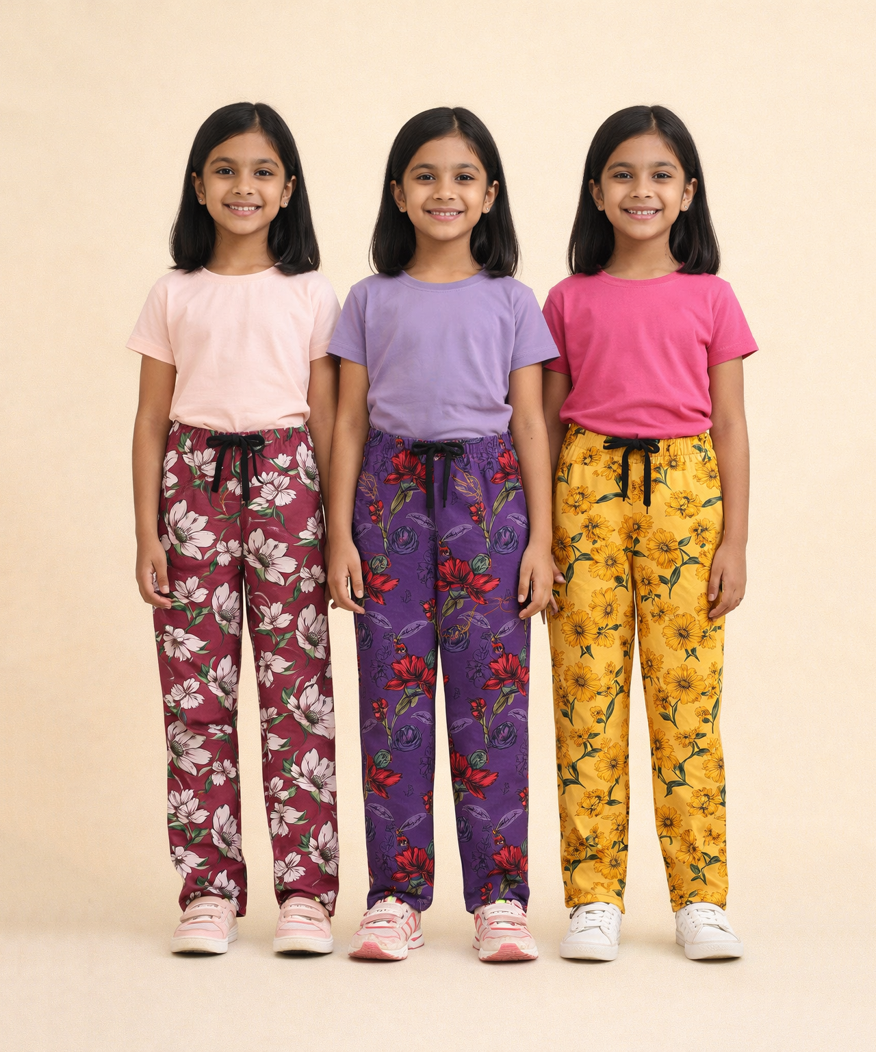 Girls Cotton Printed Track Pants (Pack of 3) | Nightwear & Casual | 6–9 Years