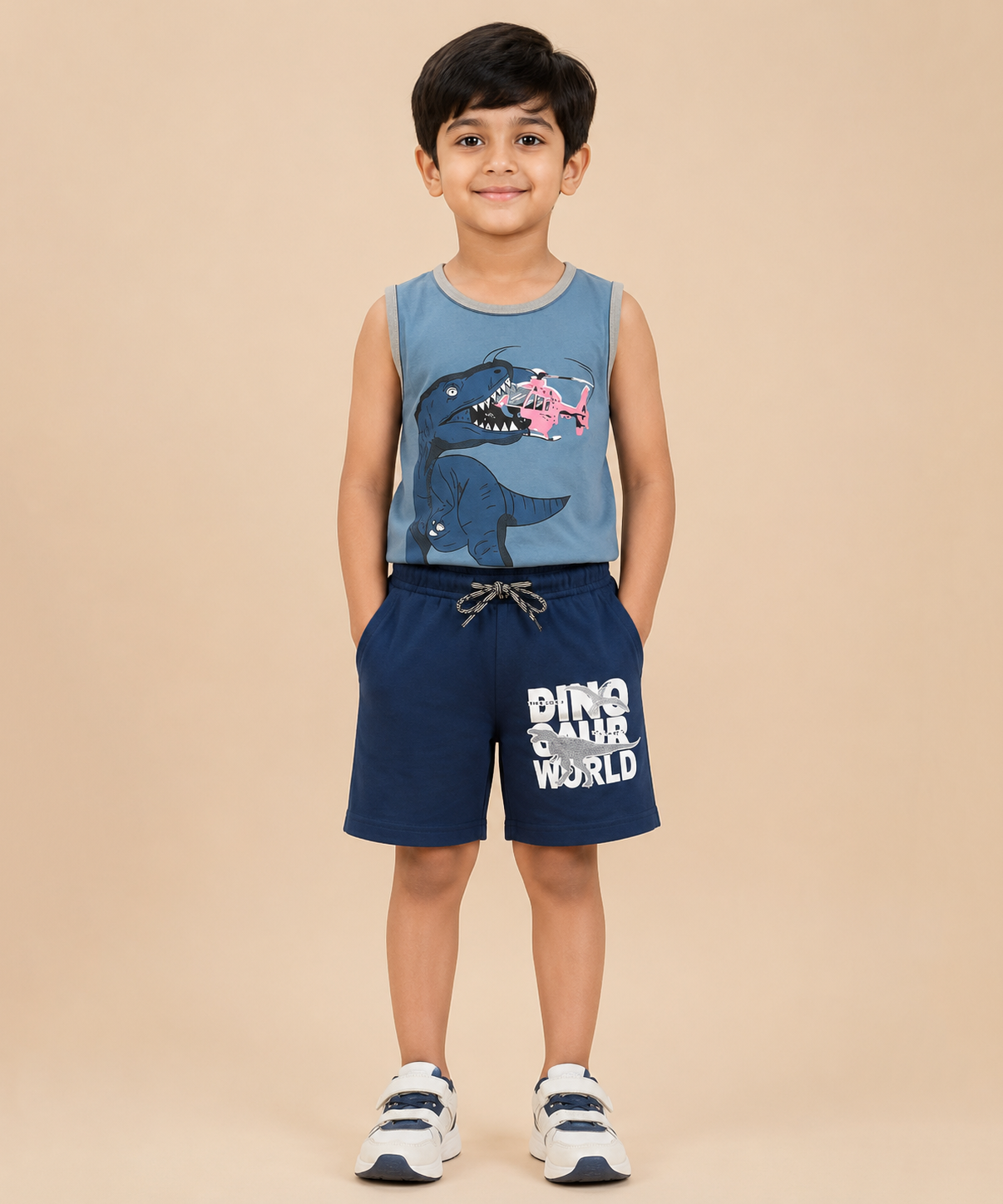 Boys Dinosaur Graphic Print | Sleeveless T-Shirt & Shorts Co-ord Set | Age 4 to 11 Years (Pack Of 1 Set)