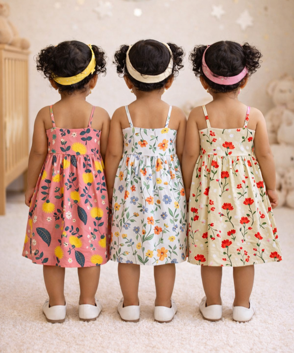 Girl Baby Sleeveless Cotton Frock Printed with Underwear | Age 0 to 6 Months (Pack of 3 Pieces)