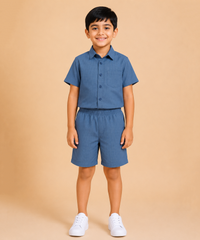 Polyester Checked Shirt and Shorts Set for Boy Kids Casual Wear Half Sleeve Co-Ord Set with Elastic Waist Shorts | Age 8 to 9 Years