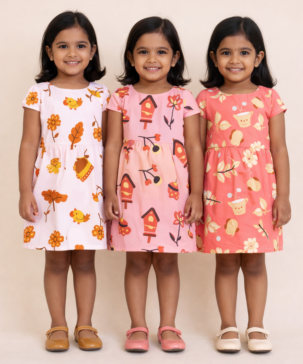 Girl Kids Frock 100% Cotton Floral Printed Gown Dress/Frock Dress | Age 1 to 8 Years (Pack of 3 Pieces)
