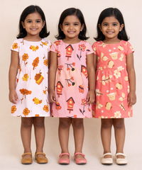 Girl Kids Frock 100% Cotton Floral Printed Gown Dress/Frock Dress | Age 1 to 8 Years (Pack of 3 Pieces)