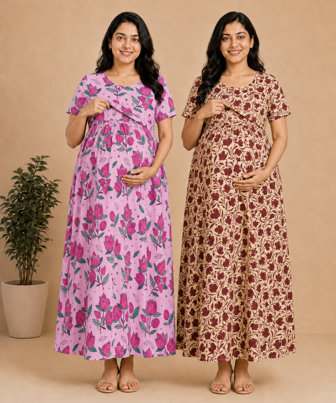 Maternity Feeding Maxi Dress | Nursing Friendly Nighty Style (Pack of 2 Pieces)