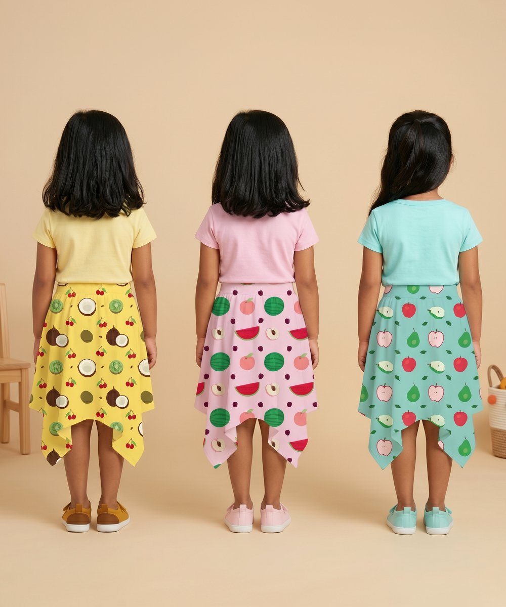 Cotton Fish Midi Floral Printed Skirt | Casual wear for Girl Kids Age 2 To 9 Years (Pack of 3)