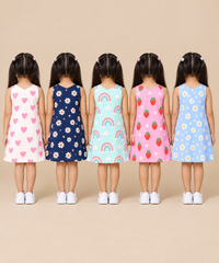 Girls 100% Cotton All Over Printed 2 To 5 Years Gown Dress/Frock Dress (Pack of 5)