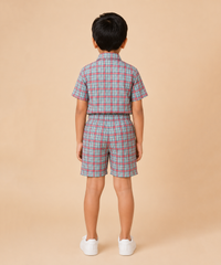 Polyester Checked Shirt and Shorts Set for Boy Kids Casual Wear Half Sleeve Co-Ord Set with Elastic Waist Shorts | Age 6 to 7 Years