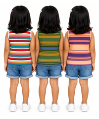 Cotton Stripes Girls Kids Sleeveless Tshirt (Pack of 3)