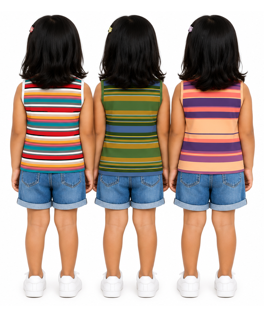 Cotton Stripes Girls Kids Sleeveless Tshirt (Pack of 3)
