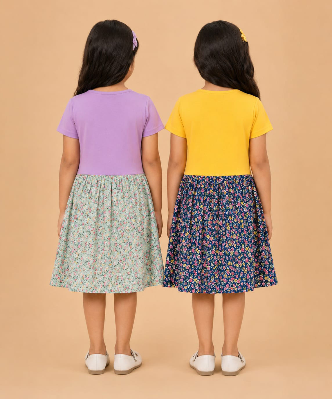 Girls Printed Half Sleeve Cotton Contrast Frock Dress | Floral Knee Length Casual Wear for Kids | Age - 5 to 10 Years | (Pack of 2)
