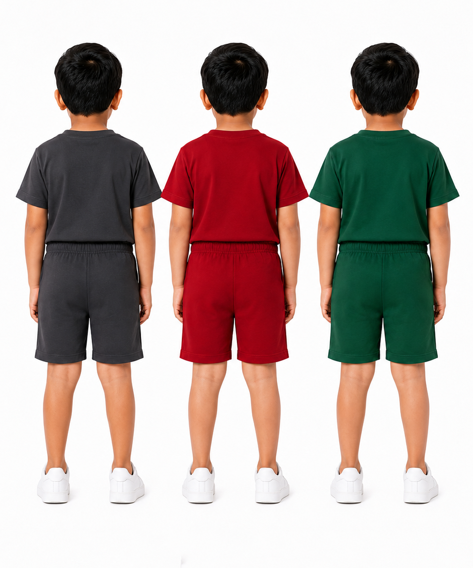 Kids Typography Print T-Shirt & Shorts Co-Ord Set for Boys | Age 6 Months-3 Years | Pack Of 3 Set Combo