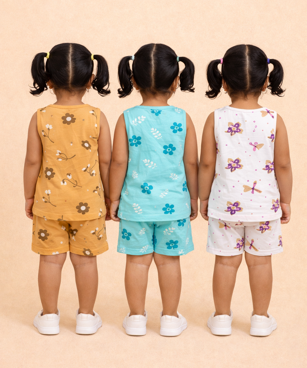 Girls Cotton Cartoon Printed Kids Sleeveless Set Combo | Age 0 to 3 Years | Sleeveless T-shirt & Shorts Co-ord Set (Pack of 3 Sets)