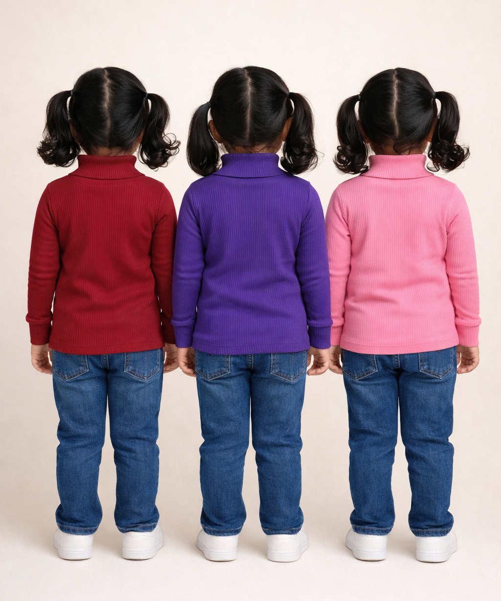 Kids Girls Full Sleeve Hi-Neck Plain Rib T-shirt | Age 0 to 5 Years (Pack of 3)