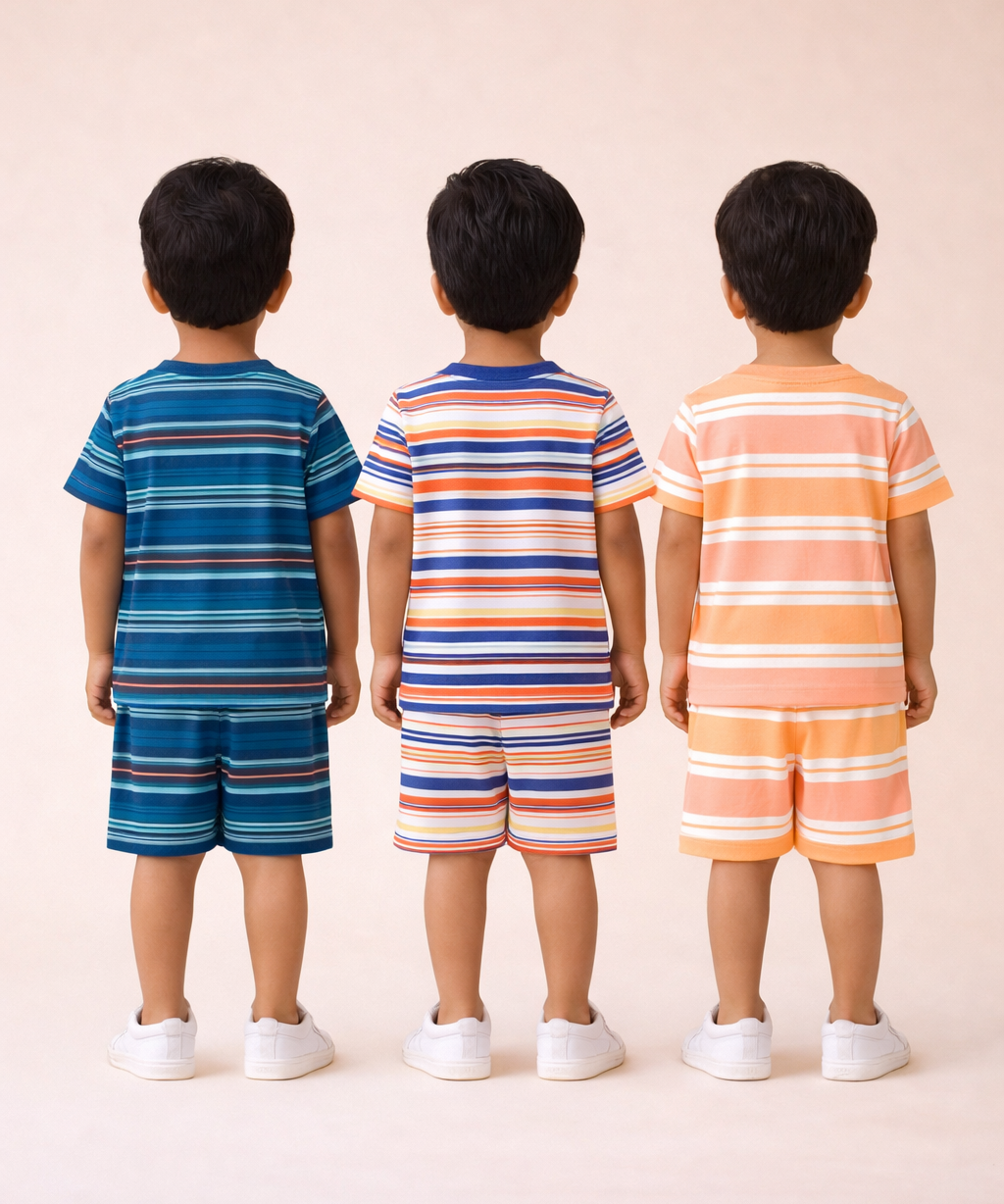 Boys Cotton Stripes Kids Co-ord Set Combo / Age 1-4 Years | T-shirt & Shorts (Combo Set Pack of 3)