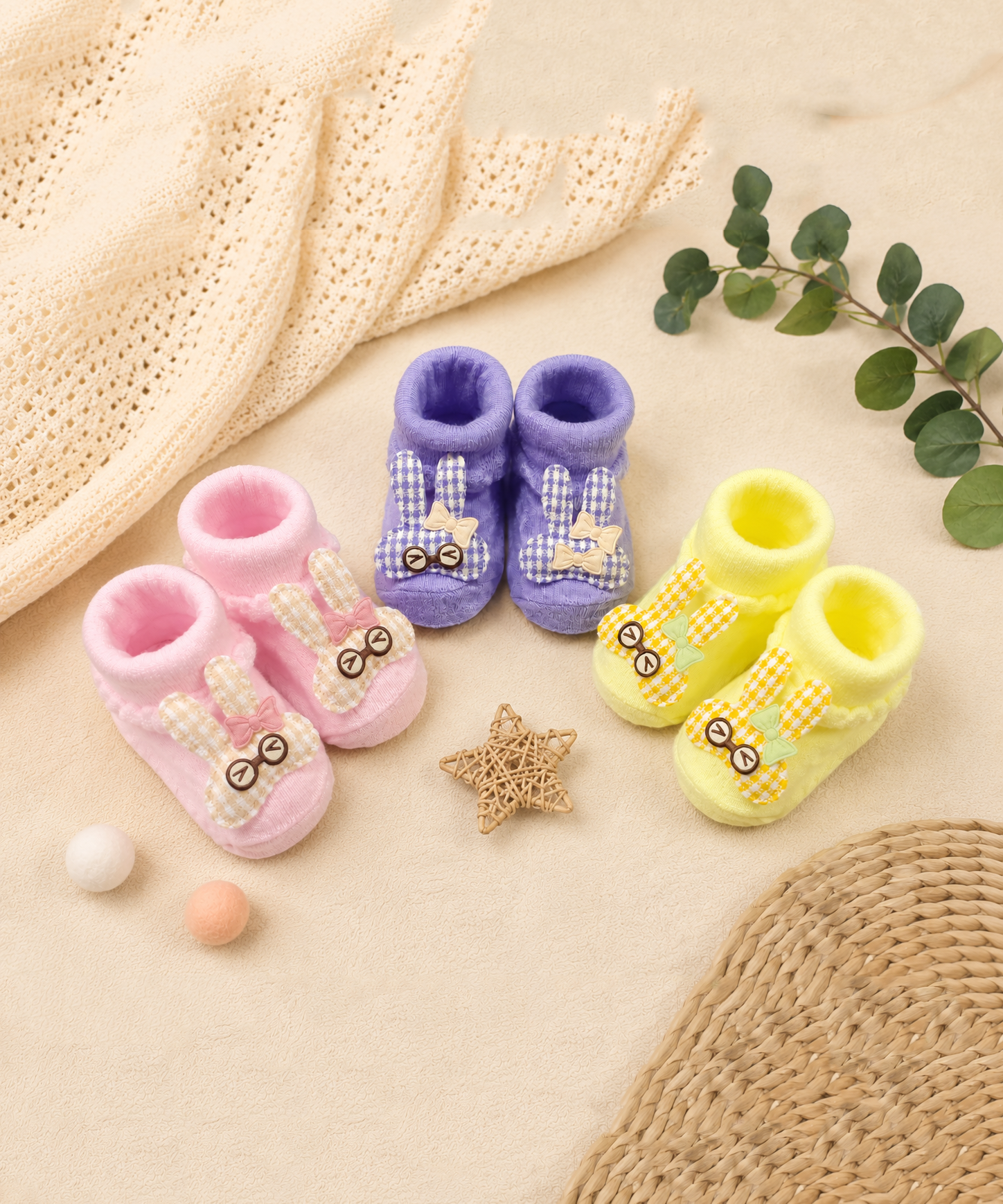Soft Cotton Baby Booties | 0 to 12 Months | Pack of 3 Pairs Set