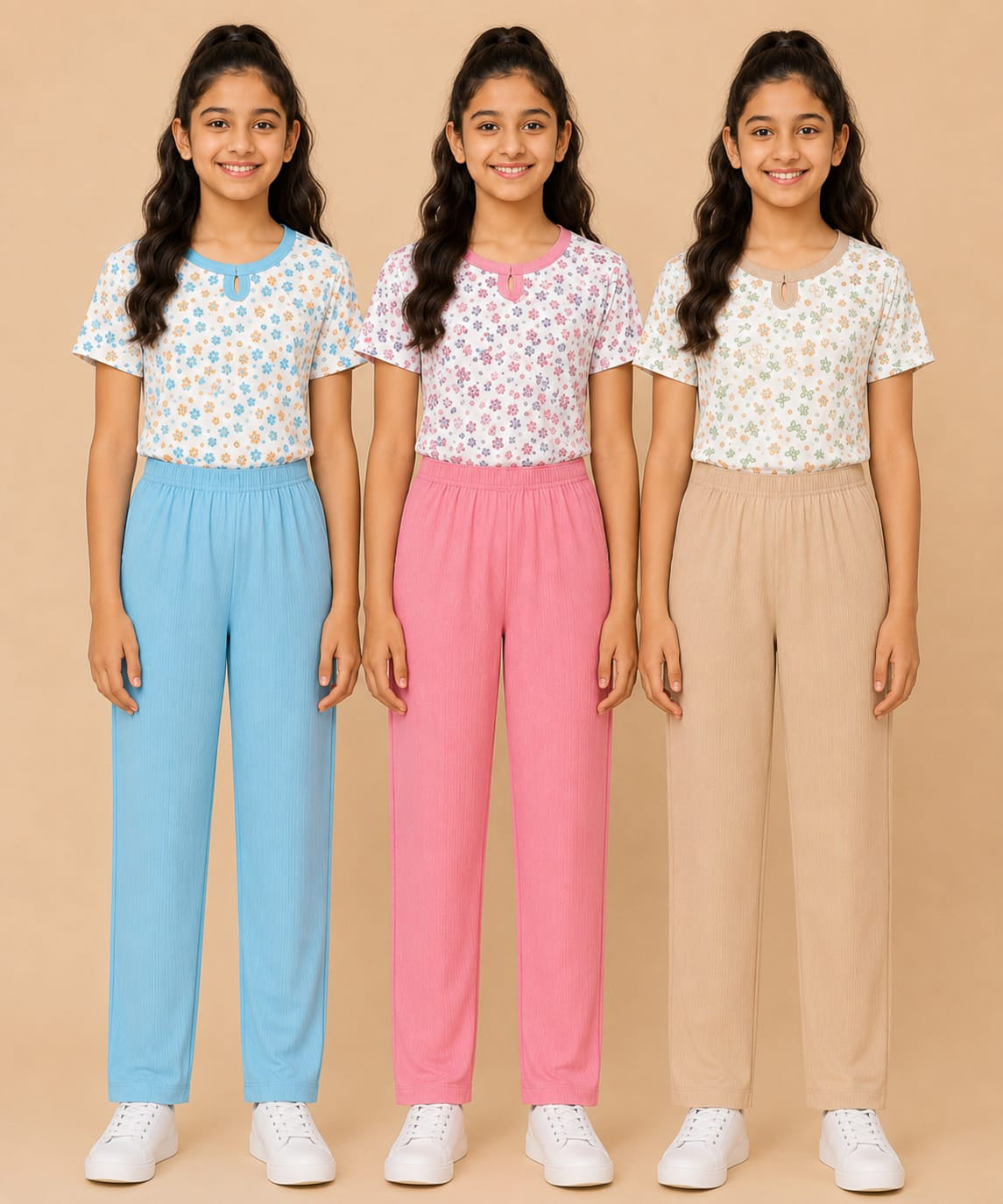 Girls Cotton Printed T-Shirt with Vertical Textured Lines Full-Length Pant Nightwear | Age 8 to 15 Years (Pack Of 3 Sets)