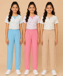 Girls Cotton Printed T-Shirt with Vertical Textured Lines Full-Length Pant Nightwear | Age 8 to 15 Years (Pack Of 3 Sets)