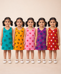 Girls 100% Cotton Printed 0 To 4 Years Gown Dress/Frock Dress (Pack of 5)
