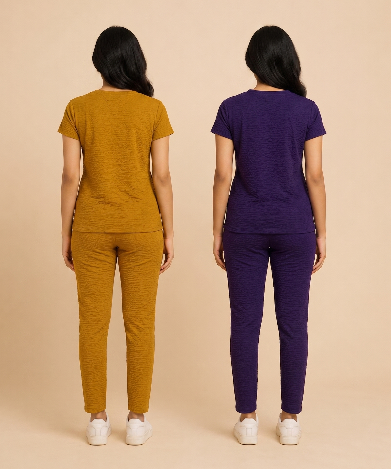 Women Textured Polyester Co-ord Set | Half Sleeve Top & Pants | Pack of 2 Set Combo