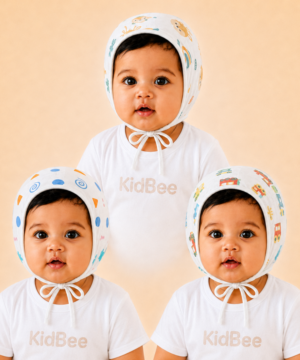 Baby Muslin Cotton Printed Bonnet Cap with Chin Tie – Soft & Comfortable Infant Headwear | 0–12 Months (Pack of 3)