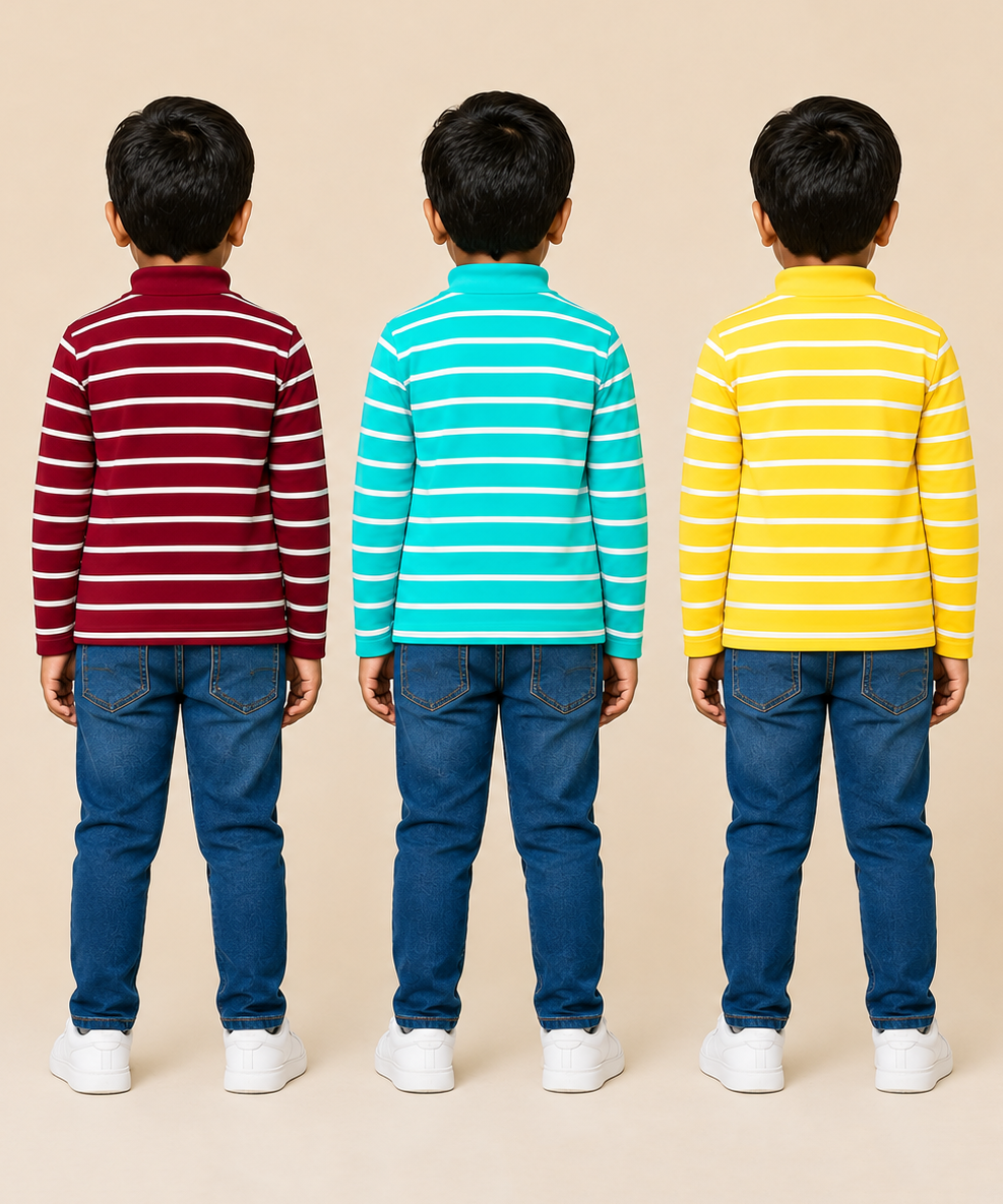 Kids Boys Full Sleeve Hi-Neck Stripes Rib T-shirt | Age 9 to 24 Months | Pack of 3 Pieces