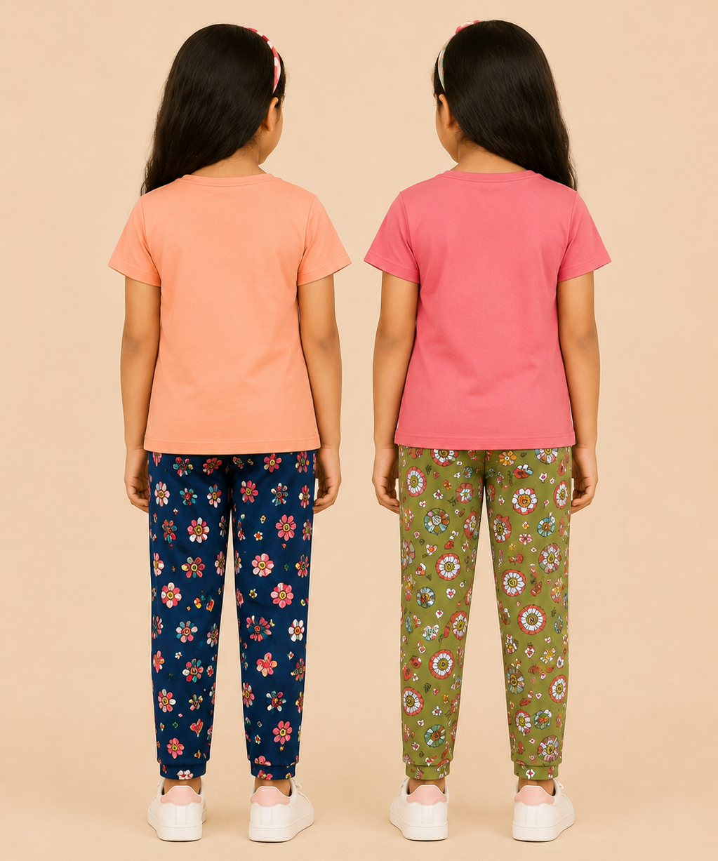 Girls Printed Cotton Night Suit Combo | Graphic Printed T-Shirts & Floral Night Pant | Age-2 to 6 Years | Pack Of 2 Sets