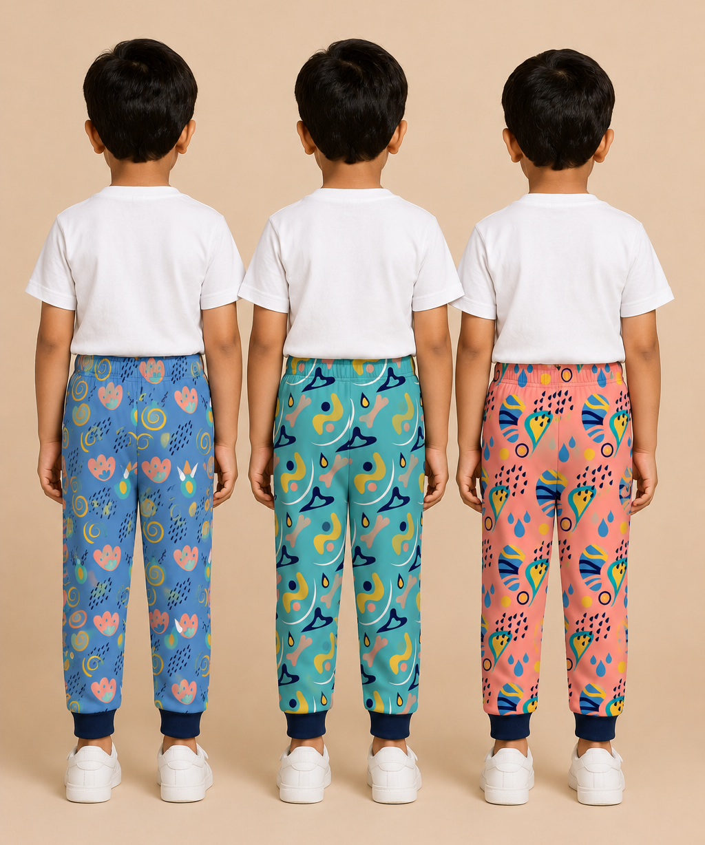 Kids Printed Cotton Track Pants for Boys | Soft Elastic Waist Full Length Joggers | Age 6 Months-5 Years | Pack of 3 Pieces