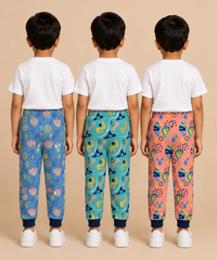 Kids Printed Cotton Track Pants for Boys | Soft Elastic Waist Full Length Joggers | Age 6 Months-5 Years | Pack of 3 Pieces