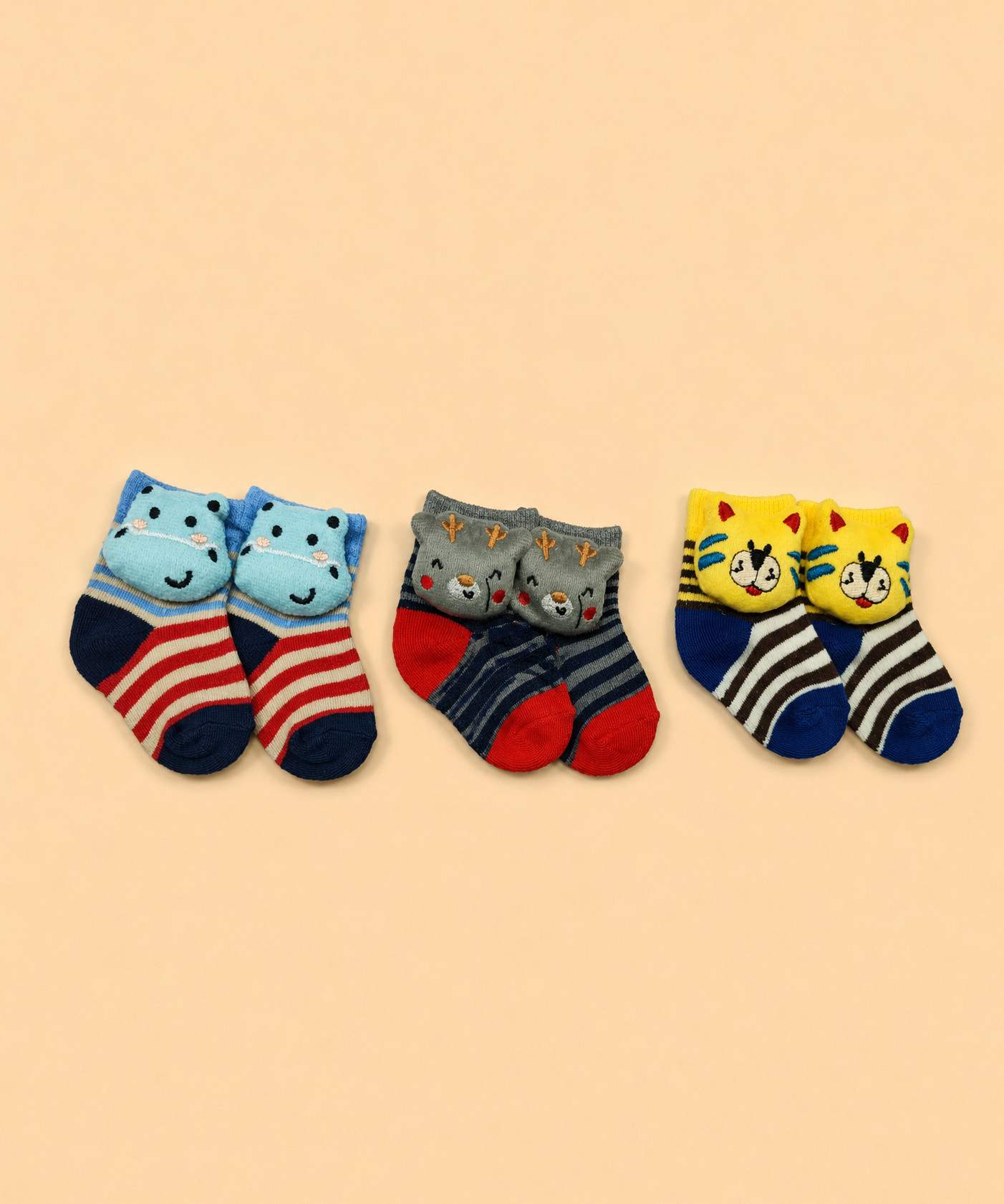 Cute Cartoon Animal Baby Kids Ankle Socks | Age 0-12 Months | Soft Cotton Anti-Slip Toddler Socks for Boys & Girls | 3 Pack Combo