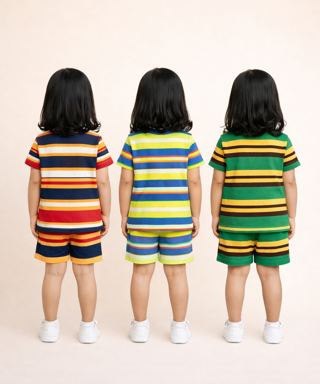Girls Cotton Stripes Kids Co-ord Set Combo / Age 1-4 Years | T-shirt & Shorts (Combo Set Pack of 3)
