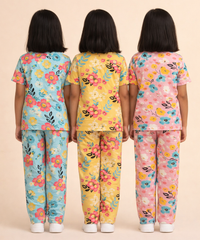 Girl Kids All Over Printed Co-ord Set | Tshirt and Pant | Age 2 to 10 Years (Pack of 3 Sets)