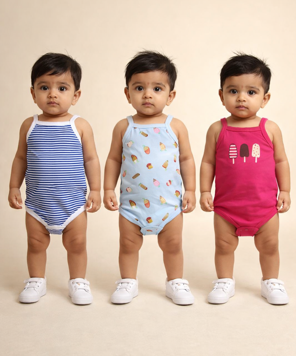 Boy & Girl Baby Tank Bodysuit | 100% Pure Cotton | Age 0-12 Months (Pack of 3 Combo)