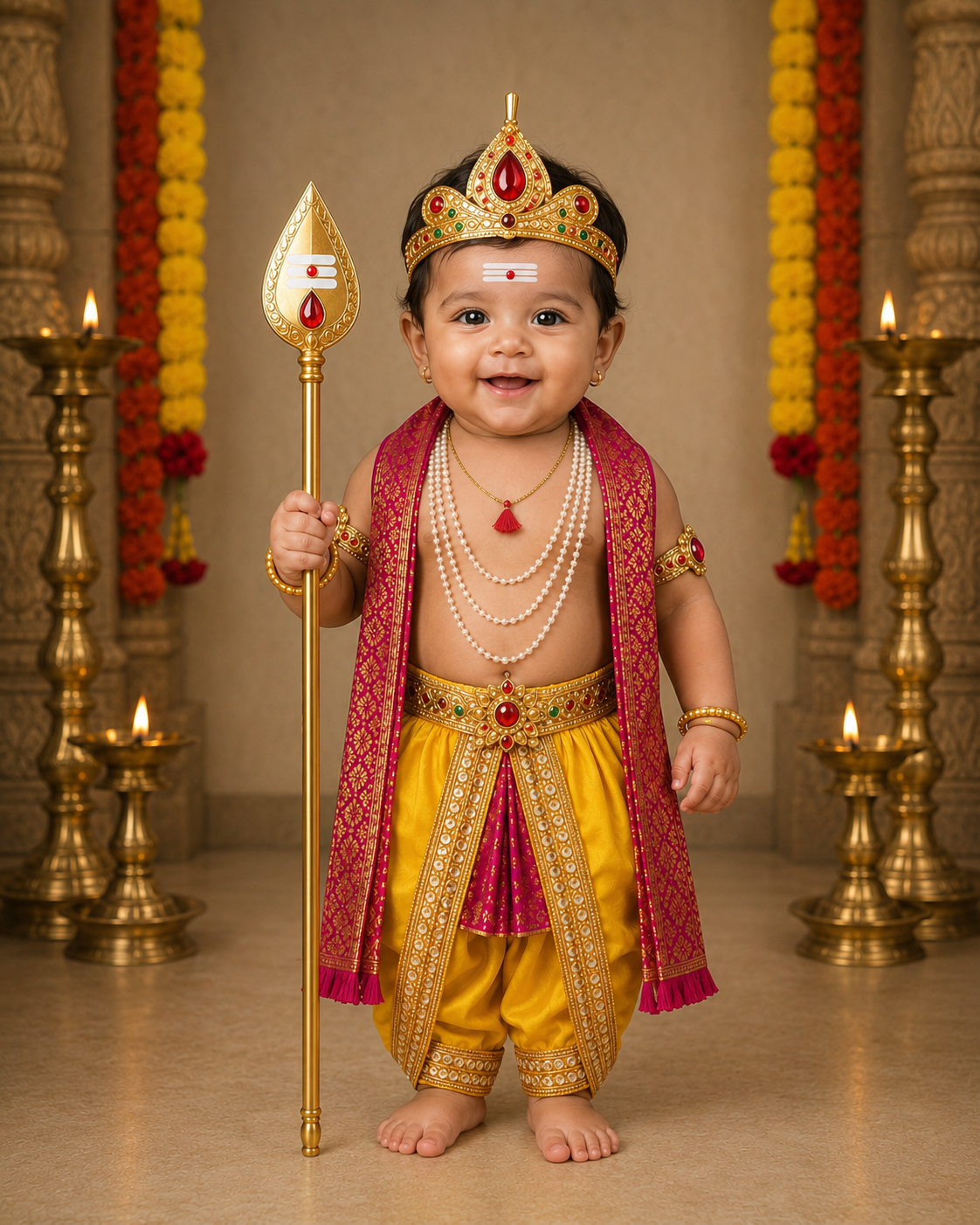 Baby Lord Murugan Fancy Dress Costume Set with  Crown & Temple Jewellery | Premium Traditional Kids Devotional, Lord, God Costume