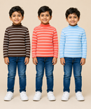 Kids Boys Full Sleeve Hi-Neck Stripes Rib T-shirt | Age 9 to 24 Months | Pack of 3 Pieces