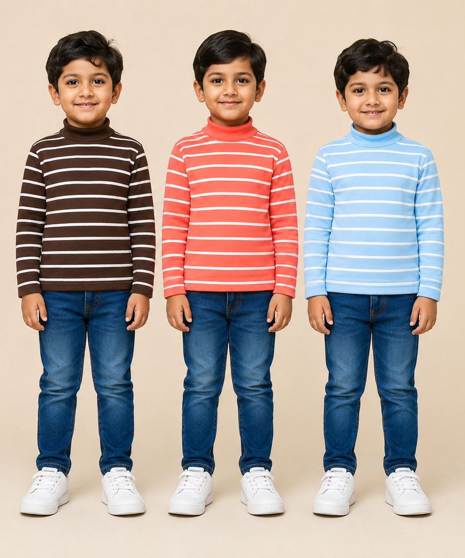 Kids Boys Full Sleeve Hi-Neck Stripes Rib T-shirt | Age 9 to 24 Months | Pack of 3 Pieces