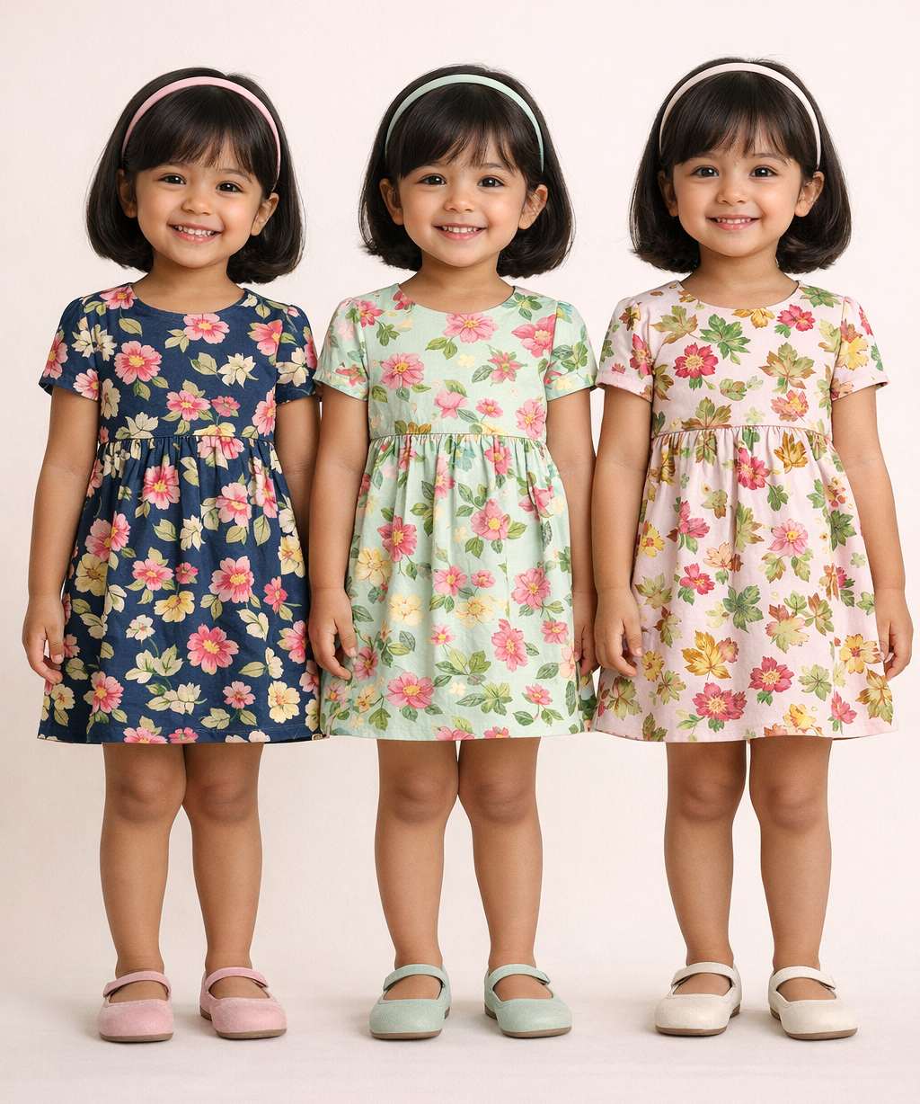 Girl Kids Frock 100% Cotton Floral Printed Gown Dress/Frock Dress | Age 1 to 8 Years (Pack of 3 Pieces)