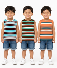 Cotton Stripes Kids Sleeveless Tshirt (Pack of 3)