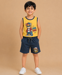 Boys Cool Dude Bear Print | Sleeveless T-Shirt & Shorts Co-ord Set | Age 4 to 11 Years (Pack Of 1 Set)
