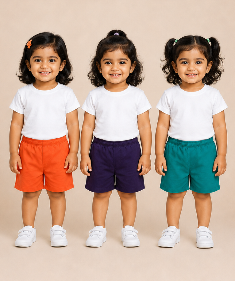 Pure Cotton Plain Shorts for Girls Kid with Elastic Age 3 Months to 4 Years (Pack of 3)