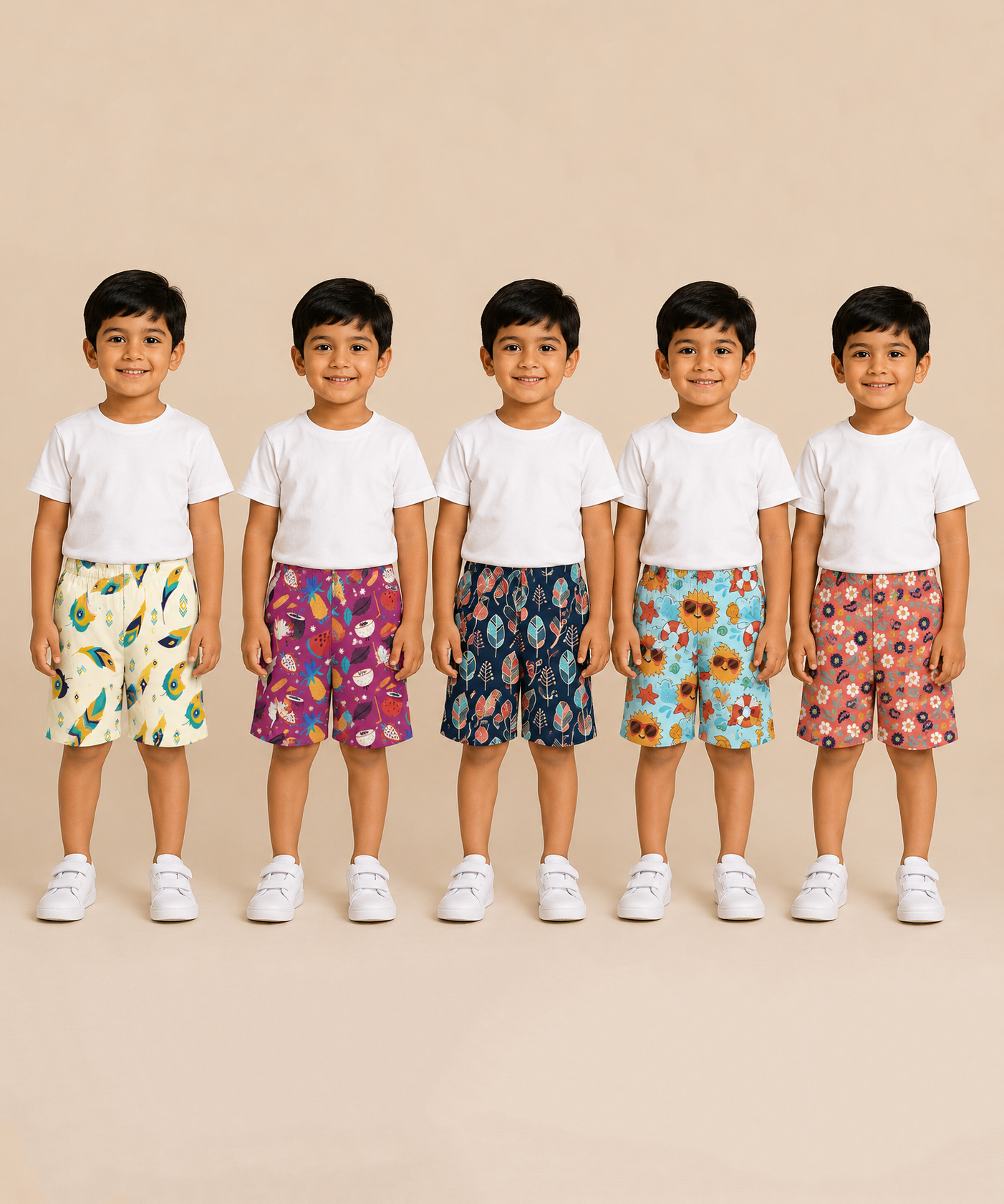 Boys Kids Pure Cotton Printed Shorts with Elastic | Age 4 to 5 Years (Pack of 5 Pieces)