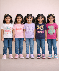 Cotton Half Sleeve Girls T-shirt Front Printed Multi Color | Age 2 to 7 Years (Pack of 5 Pieces)